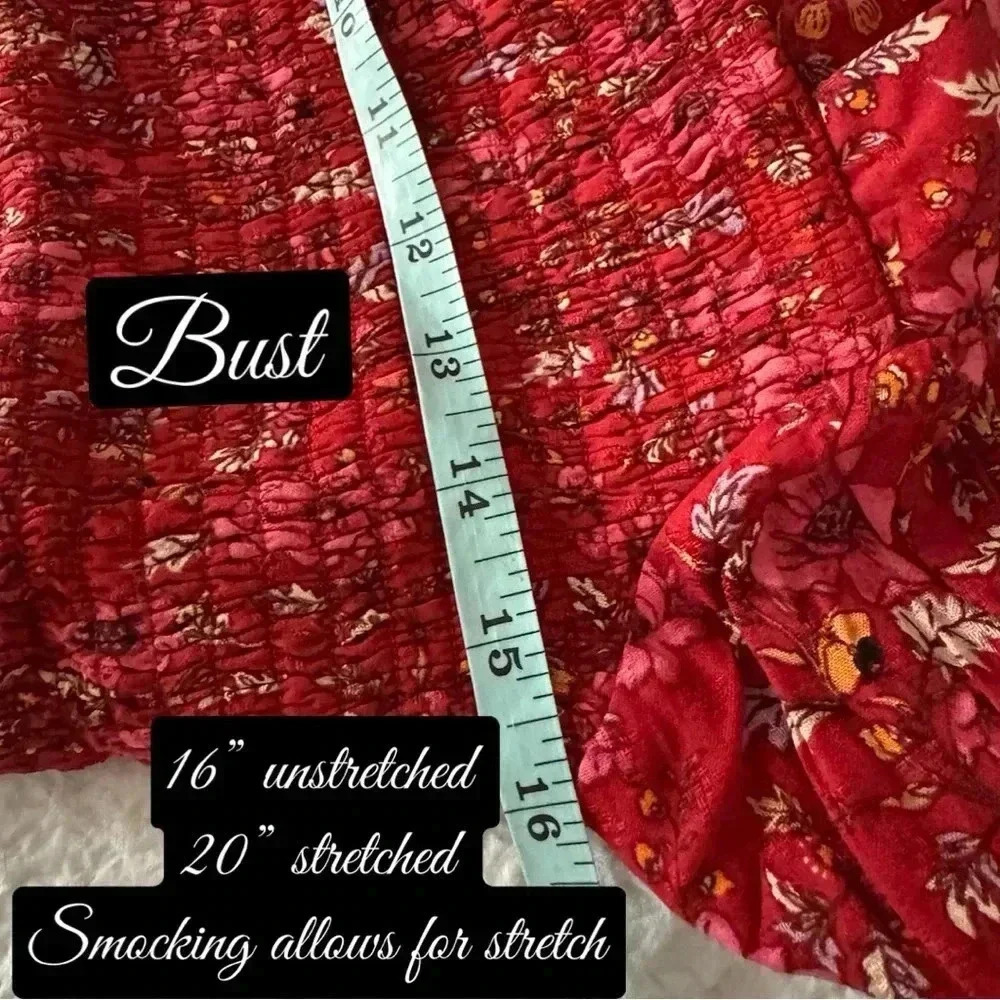 New B.O.G. Collective Band Of The Free Boho Red Floral Blouse Smocked Crop Sz M - Picture 11 of 13